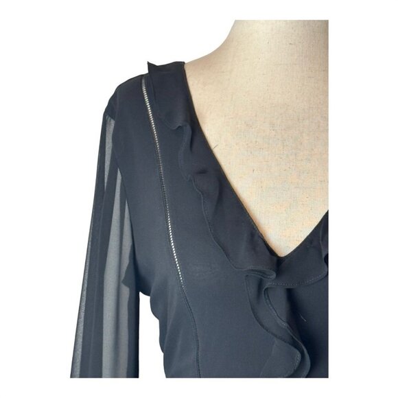 Express Black Ruffle V Neck Long Sheer Sleeve Fit And Flare Mini Dress Size 2 - Picture 5 of 11